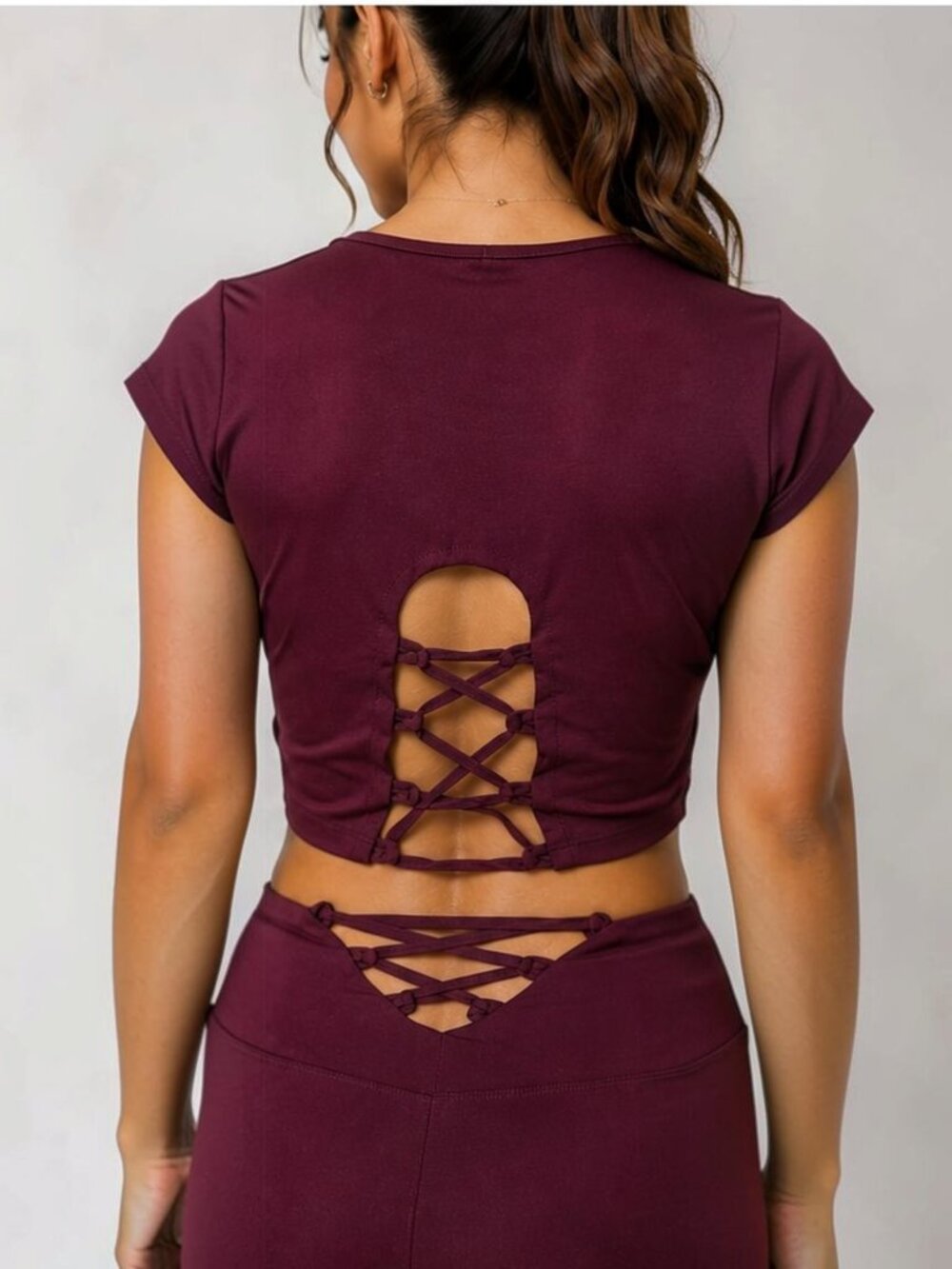 Women's Burgundy Lace-Up Back Matching 2-Piece Activewear Set | Size S - Picture 6 of 9